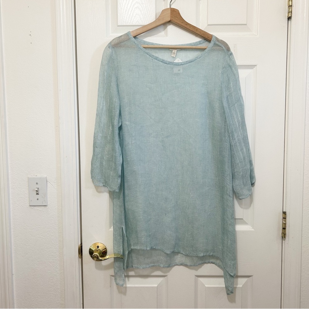Eileen Fisher Shirt Womens Large Blue Open Knit Linen Long Sleeve Casual Adult